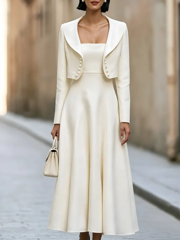 Elegant Pearl-Embellished Cropped Jacket And A-Line Dress Set made by Mooyius