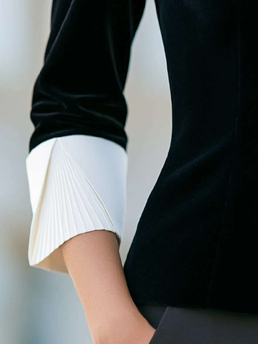 Black Velvet Contrast Cuff Boat Neck Blouse sold by Mooyius product image thumbnail 3