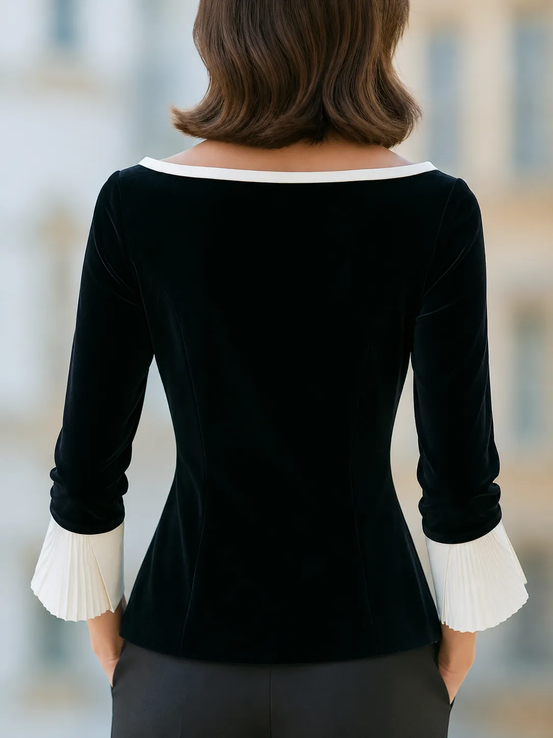 Black Velvet Contrast Cuff Boat Neck Blouse sold by Mooyius product image thumbnail 2