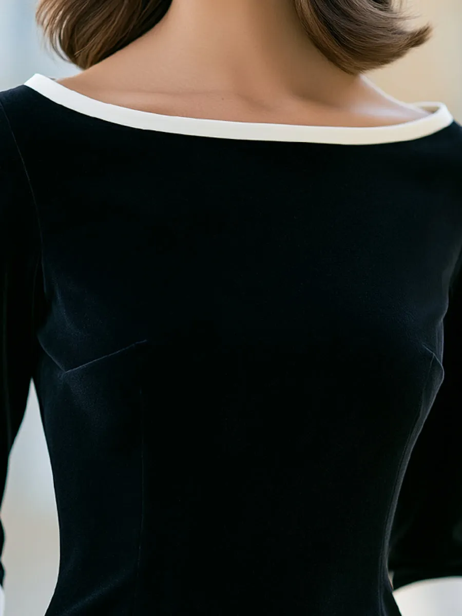 Black Velvet Contrast Cuff Boat Neck Blouse sold by Mooyius product image thumbnail 4