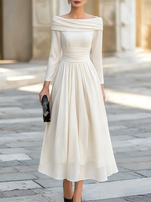 Off-Shoulder Draped Neckline A-Line Midi Dress made by Mooyius