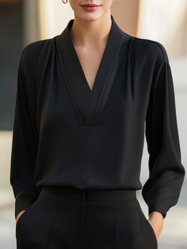 Layered Pleat V-Neck Draped Sleeve Blouse made by Mooyius