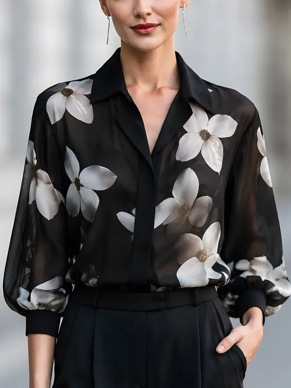 Elegant Black Sheer Floral Print Chiffon Blouse made by Mooyius