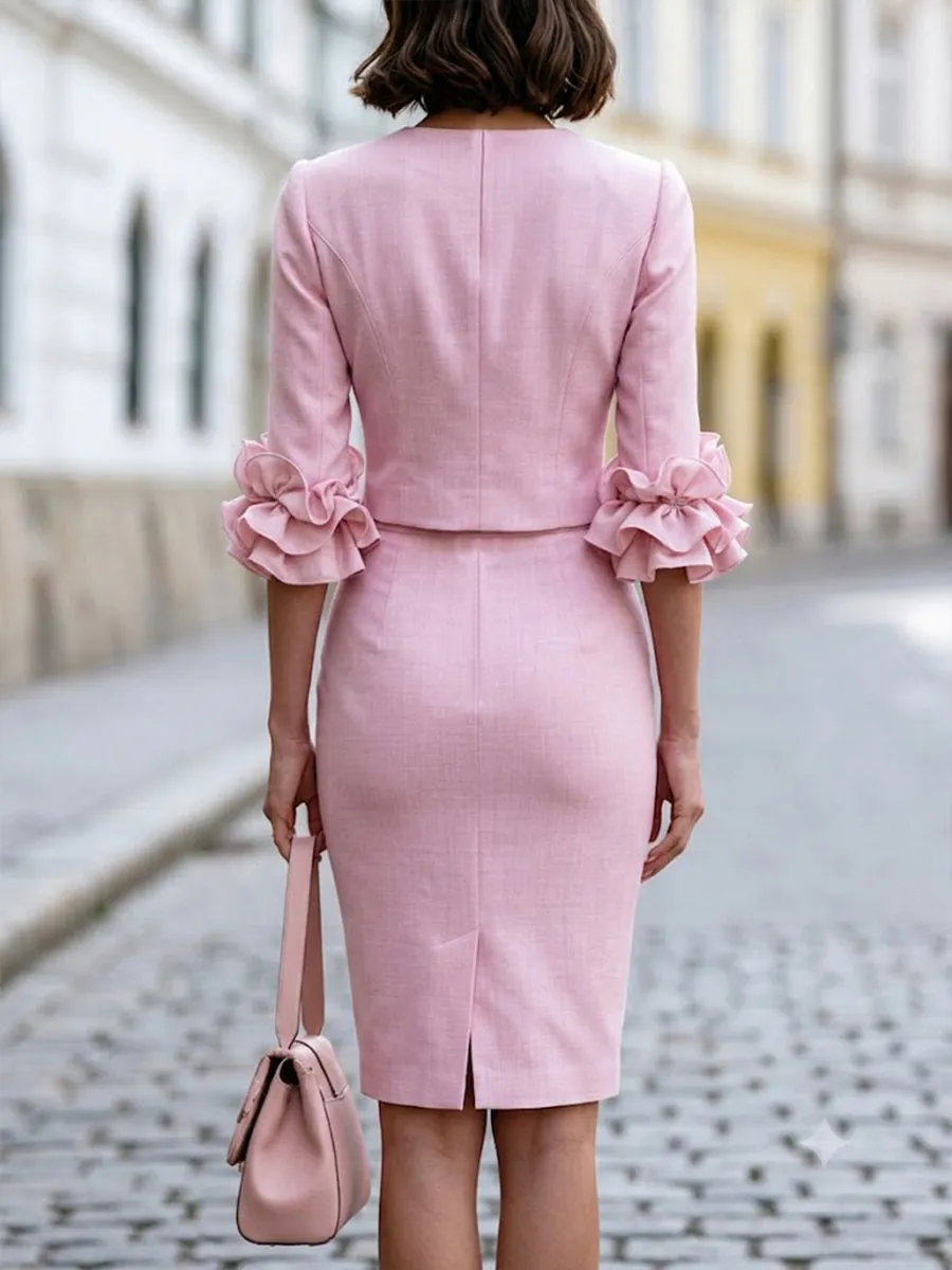 Elegant Ruffle Sleeve Blazer And Pencil Skirt Set sold by Mooyius product image thumbnail 4