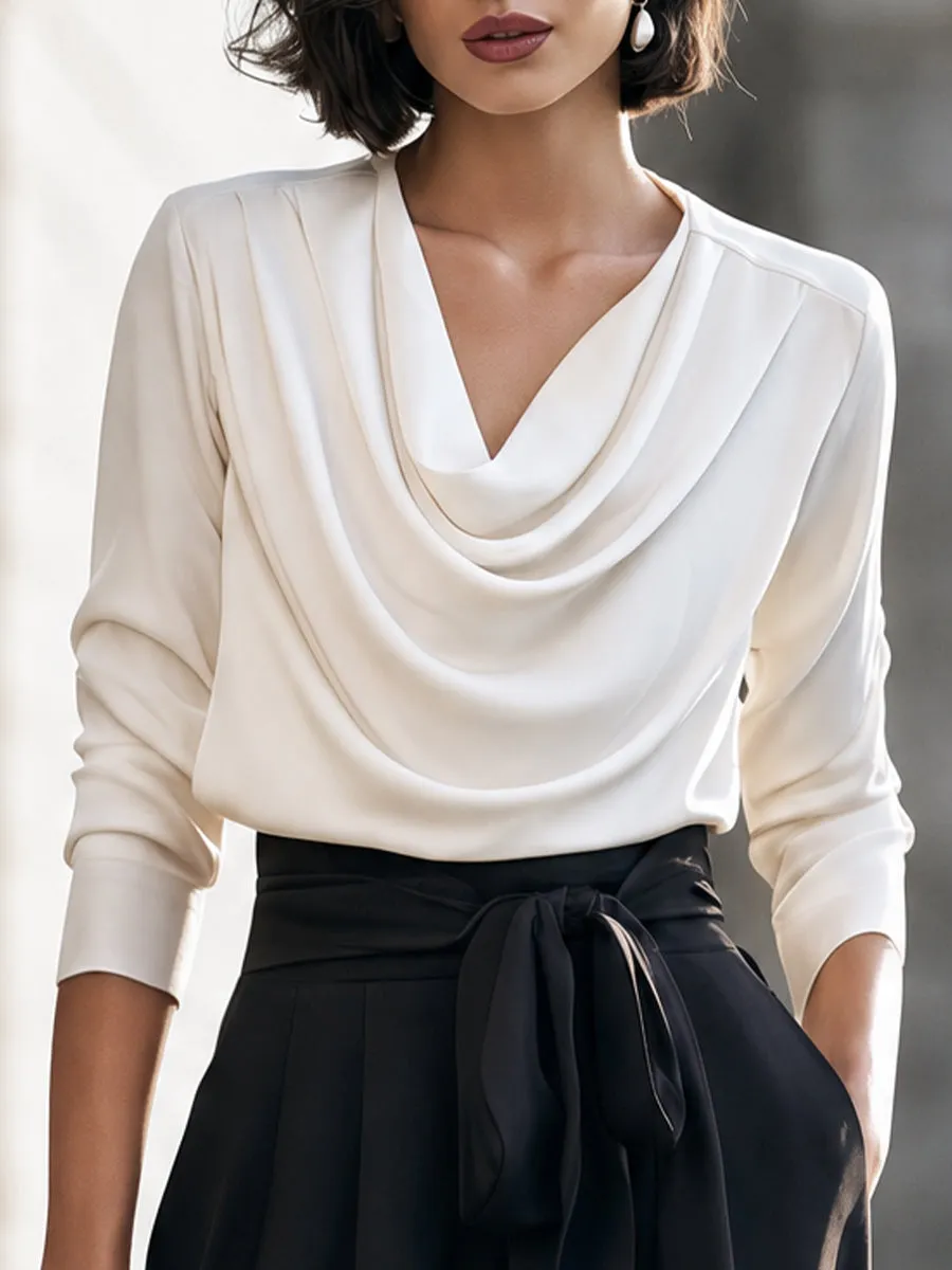 Draped Cowl-Neck Long-Sleeve Blouse sold by Mooyius