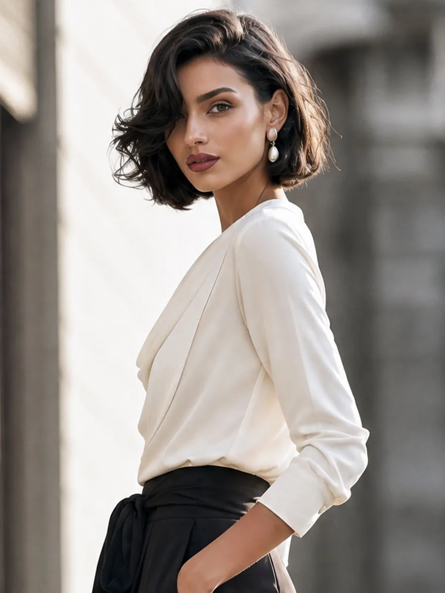 Draped Cowl-Neck Long-Sleeve Blouse sold by Mooyius product image thumbnail 3