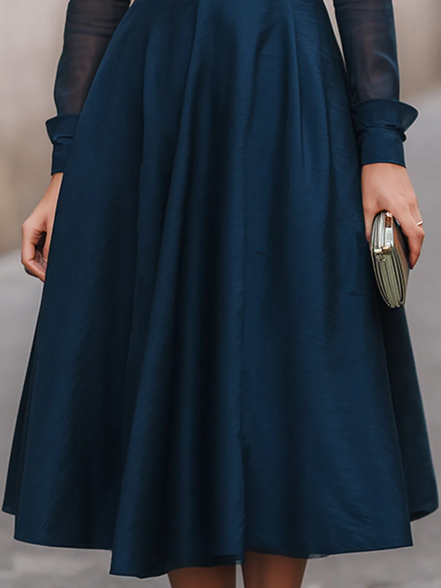 Navy Sheer-Yoke Long Sleeve A-Line Midi Dress sold by Mooyius product image thumbnail 5