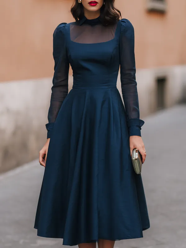 Navy Sheer-Yoke Long Sleeve A-Line Midi Dress made by Mooyius