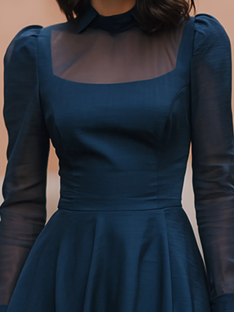 Navy Sheer-Yoke Long Sleeve A-Line Midi Dress sold by Mooyius product image thumbnail 4