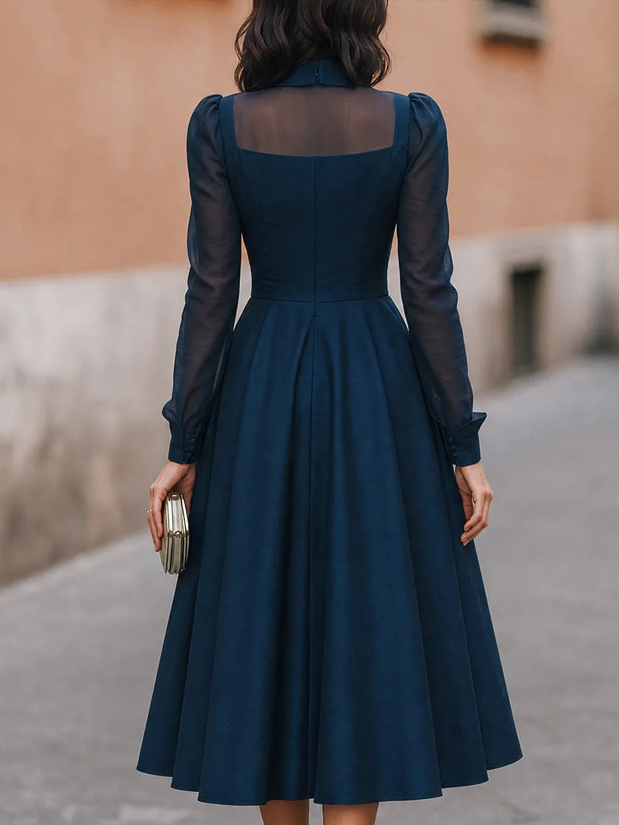 Navy Sheer-Yoke Long Sleeve A-Line Midi Dress sold by Mooyius product image thumbnail 2