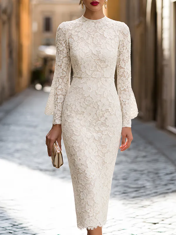 Ivory Floral Lace Long Sleeve Midi Dress made by Mooyius