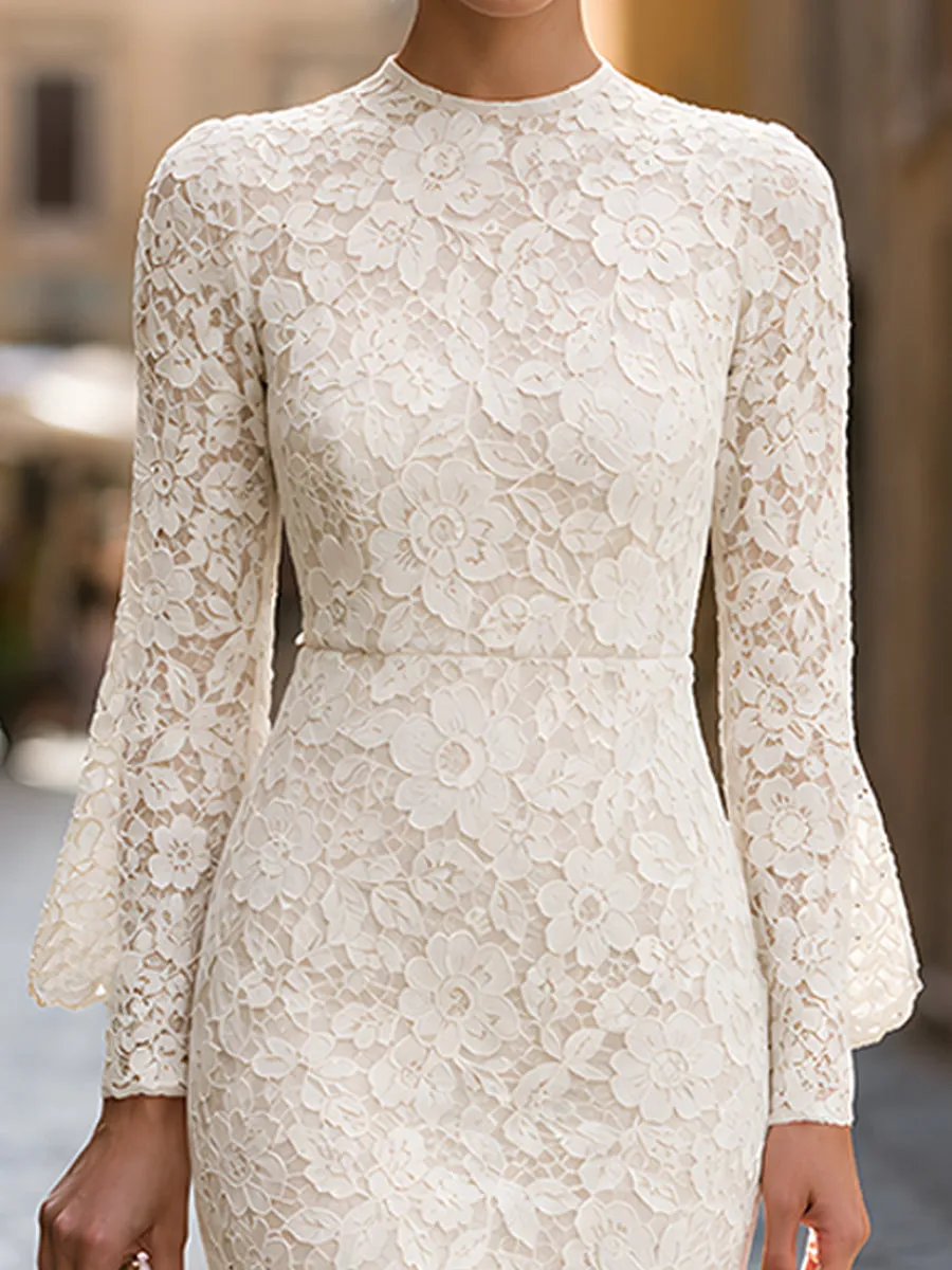 Ivory Floral Lace Long Sleeve Midi Dress sold by Mooyius product image thumbnail 4