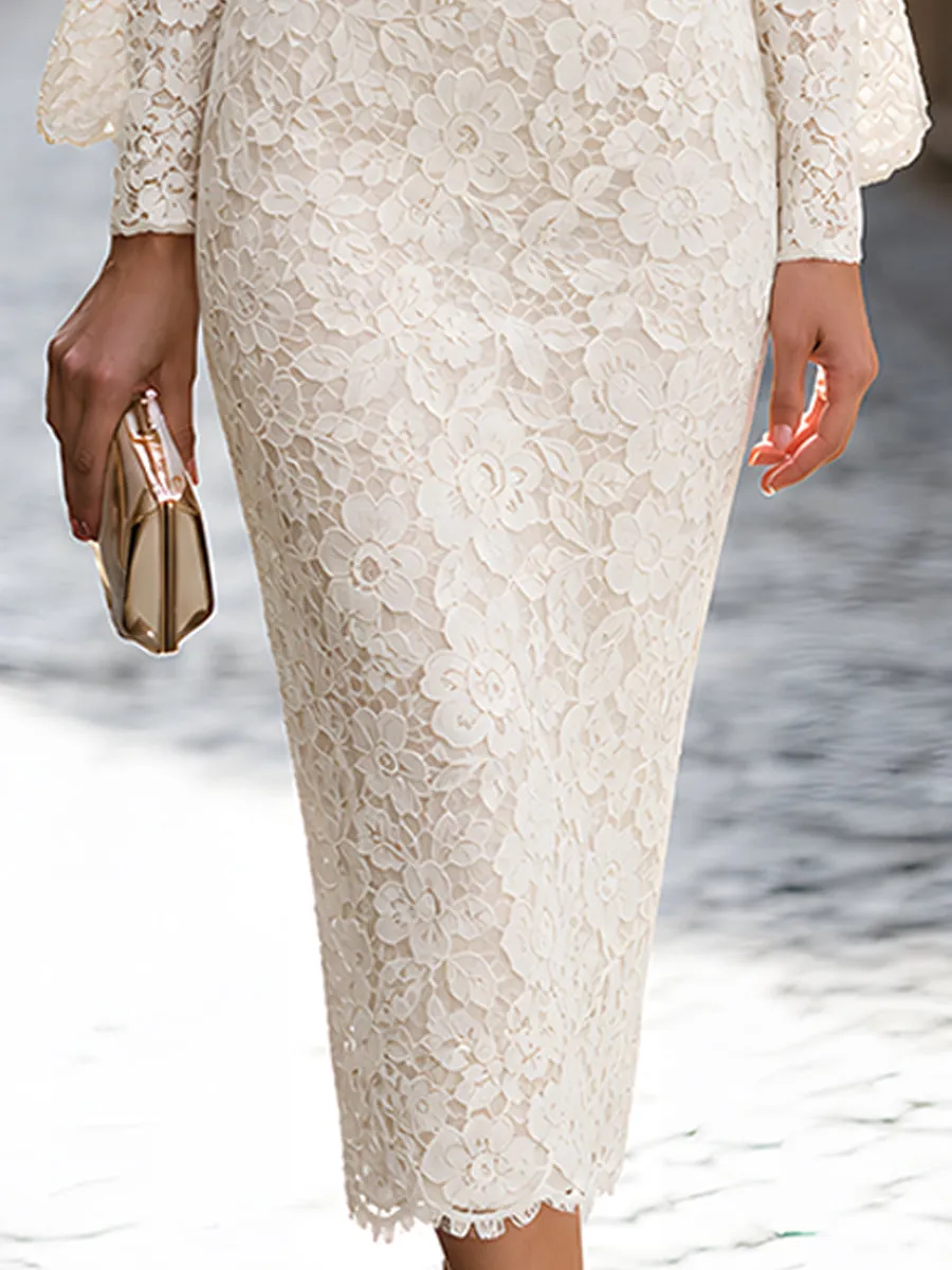 Ivory Floral Lace Long Sleeve Midi Dress sold by Mooyius product image thumbnail 3