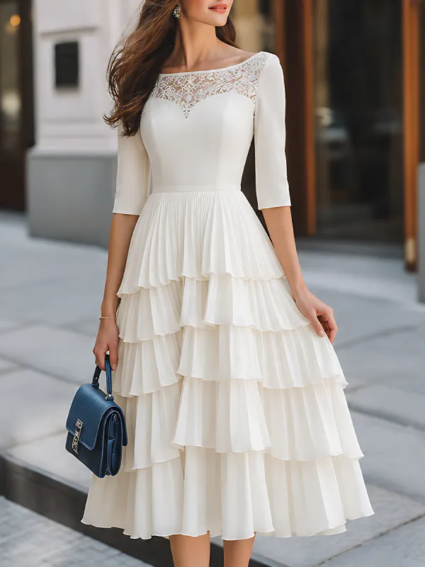Lace-Yoke Tiered Ruffle Midi Dress made by Mooyius