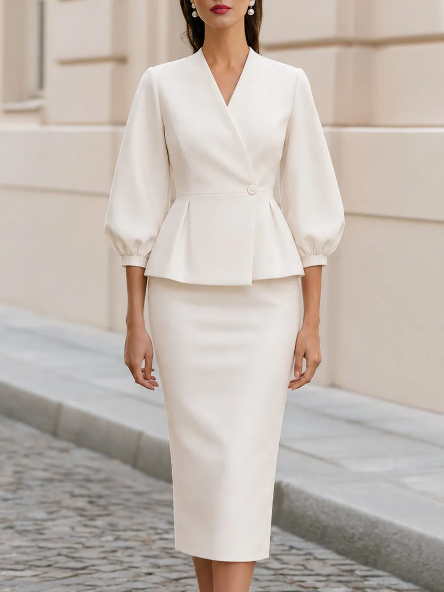 Office Formal V Neck Peplum Blazer & Midi Pencil Skirt Two-Piece Suit Co-Ord Set sold by Mooyius