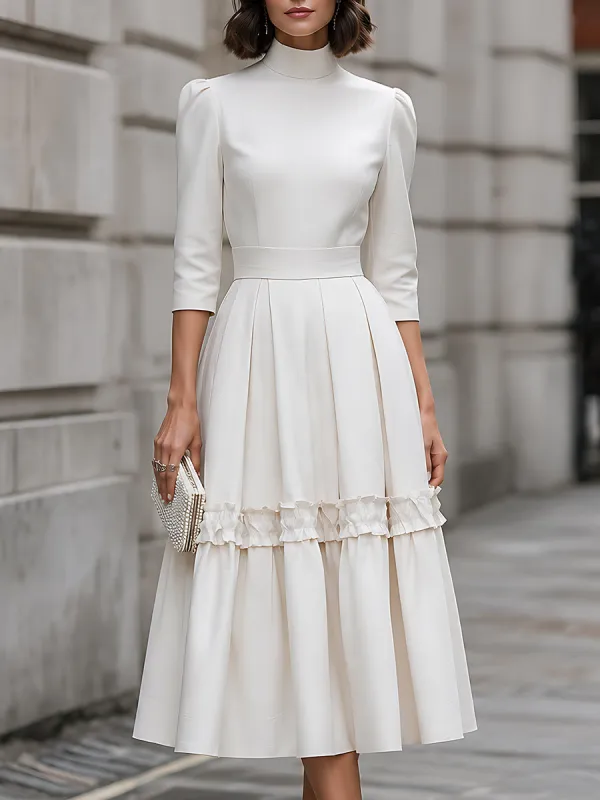 High-Neck Ruffle-Trim Pleated Midi Dress made by Mooyius