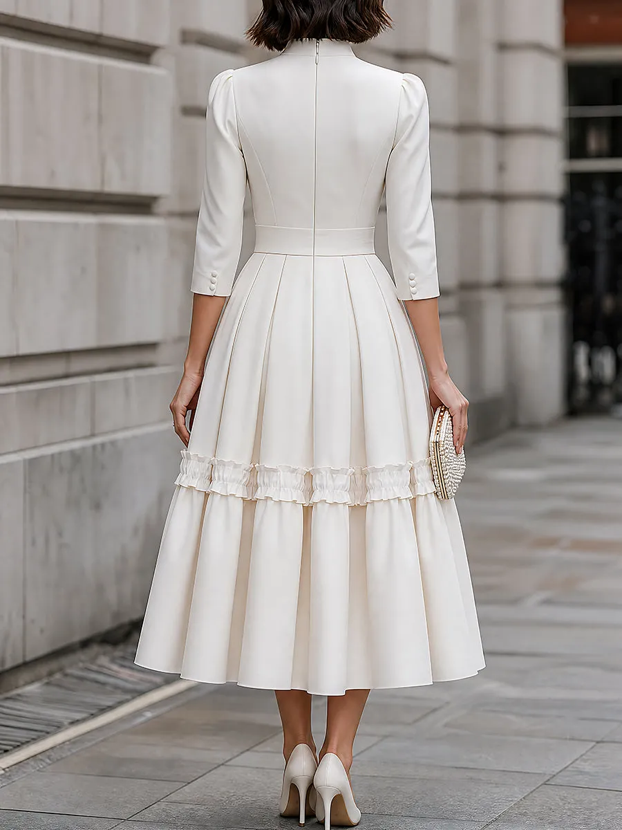 High-Neck Ruffle-Trim Pleated Midi Dress sold by Mooyius product image thumbnail 5