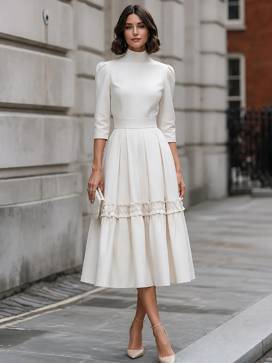 High-Neck Ruffle-Trim Pleated Midi Dress sold by Mooyius product image thumbnail 2
