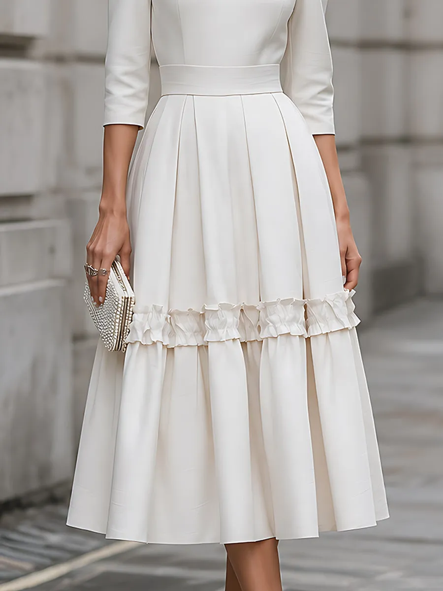 High-Neck Ruffle-Trim Pleated Midi Dress sold by Mooyius product image thumbnail 4