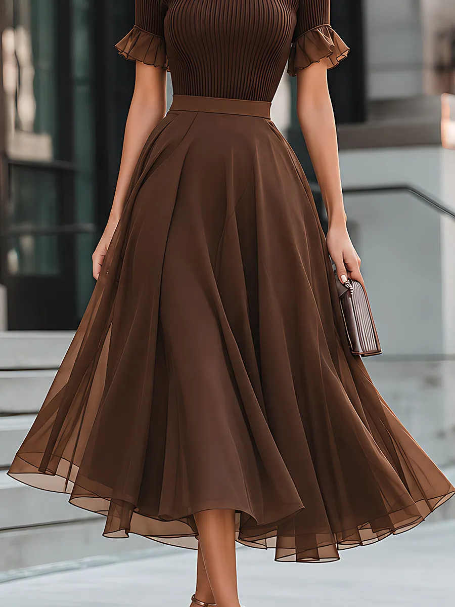 Ribbed Knit Ruffle-Sleeve Chiffon Midi Dress sold by Mooyius product image thumbnail 4