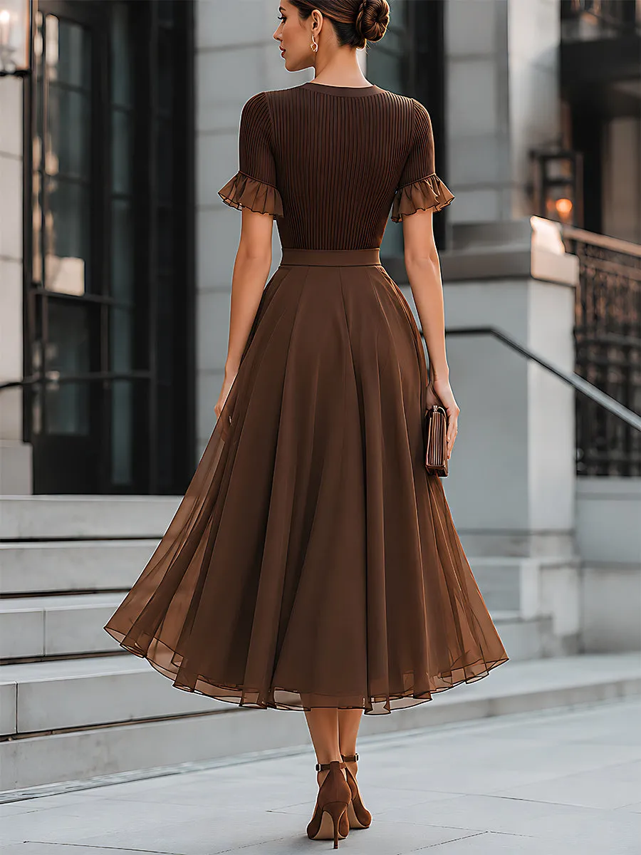 Ribbed Knit Ruffle-Sleeve Chiffon Midi Dress sold by Mooyius product image thumbnail 5