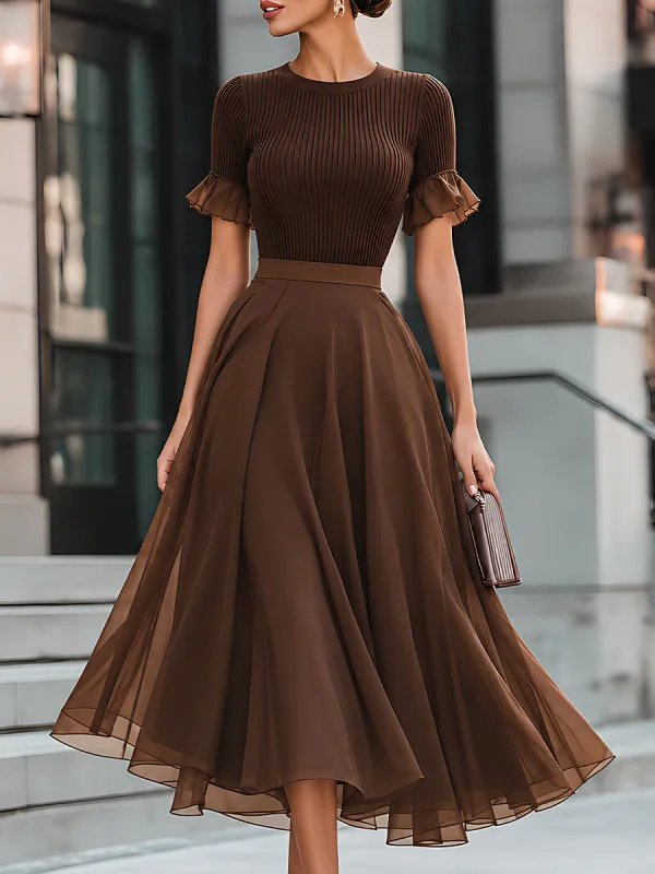 Ribbed Knit Ruffle-Sleeve Chiffon Midi Dress made by Mooyius
