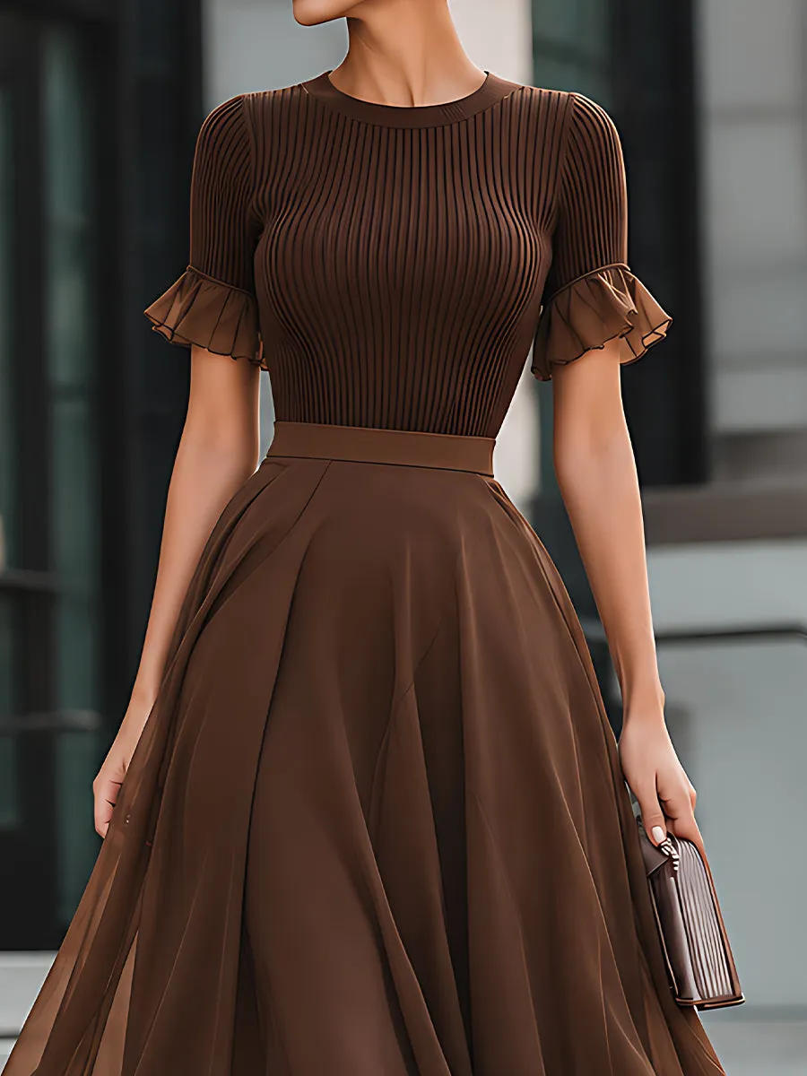 Ribbed Knit Ruffle-Sleeve Chiffon Midi Dress sold by Mooyius product image thumbnail 3