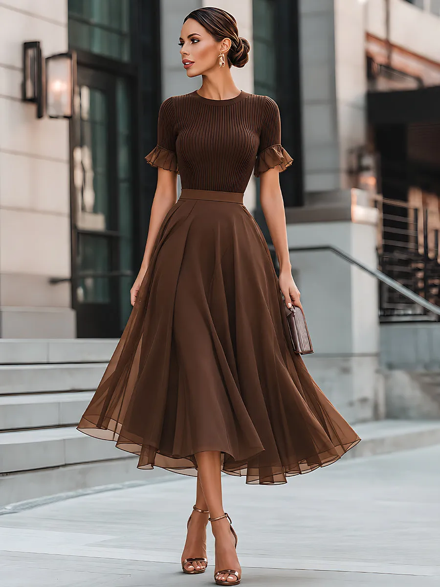 Ribbed Knit Ruffle-Sleeve Chiffon Midi Dress sold by Mooyius product image thumbnail 2
