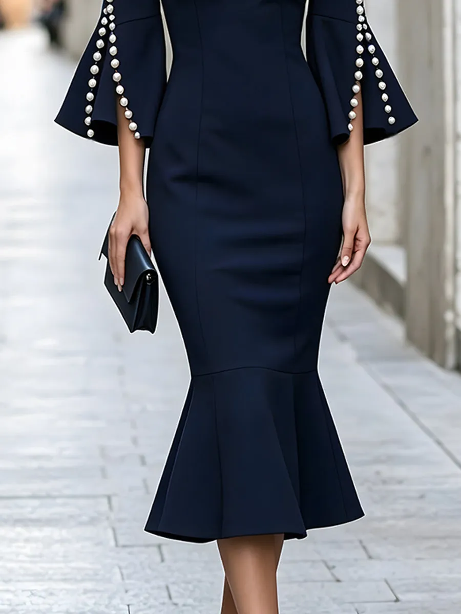 Elegant Pearl-Trim Bell Sleeve Mermaid Midi Dress sold by Mooyius product image thumbnail 4