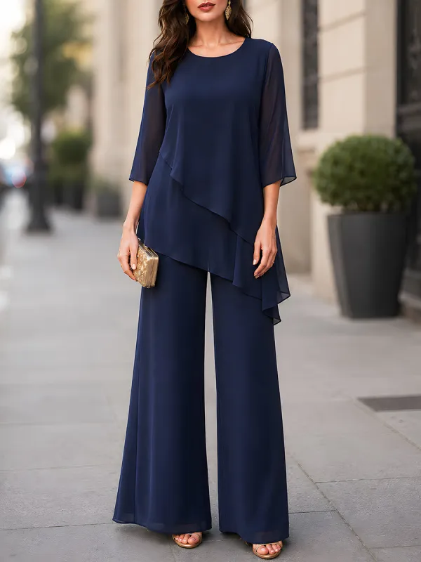 Asymmetric Layered Chiffon Tunic And Wide-Leg Pants Set made by Mooyius