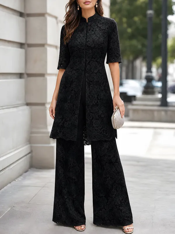 Floral Lace Longline Tunic And Wide-Leg Pants Set made by Mooyius
