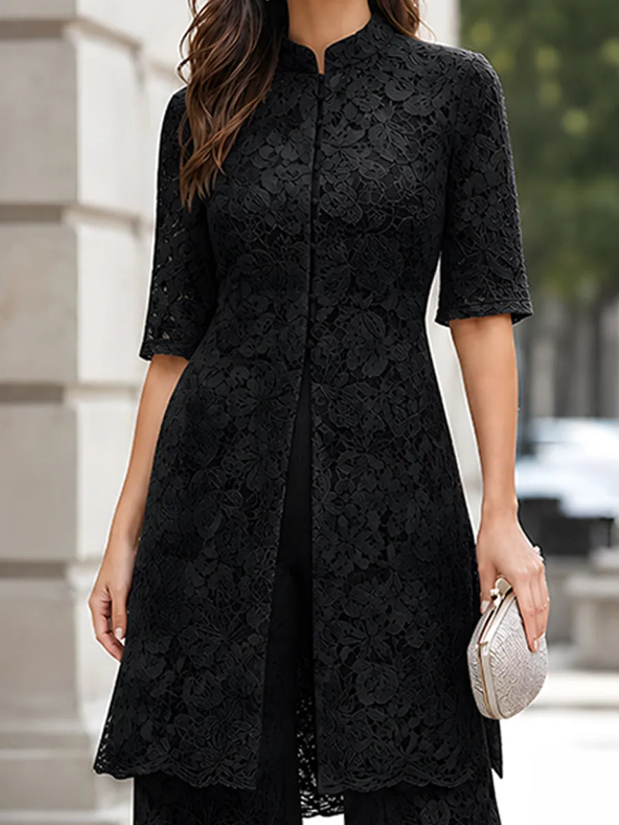 Floral Lace Longline Tunic And Wide-Leg Pants Set sold by Mooyius product image thumbnail 5