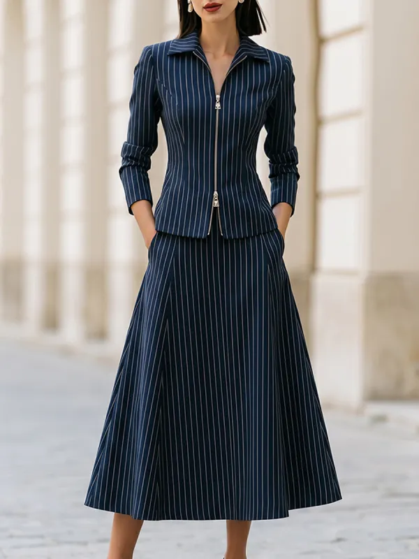 Striped Blazer And A-line Skirt Set made by Mooyius