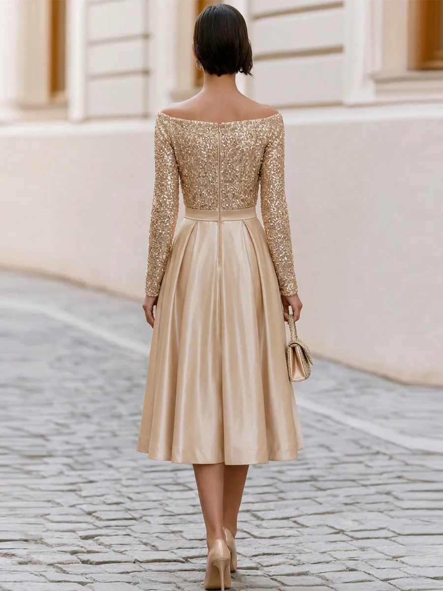 Off Shoulder Sequin Long Sleeve Satin Pleated Midi A-Line Cocktail Dress sold by Mooyius product image thumbnail 3