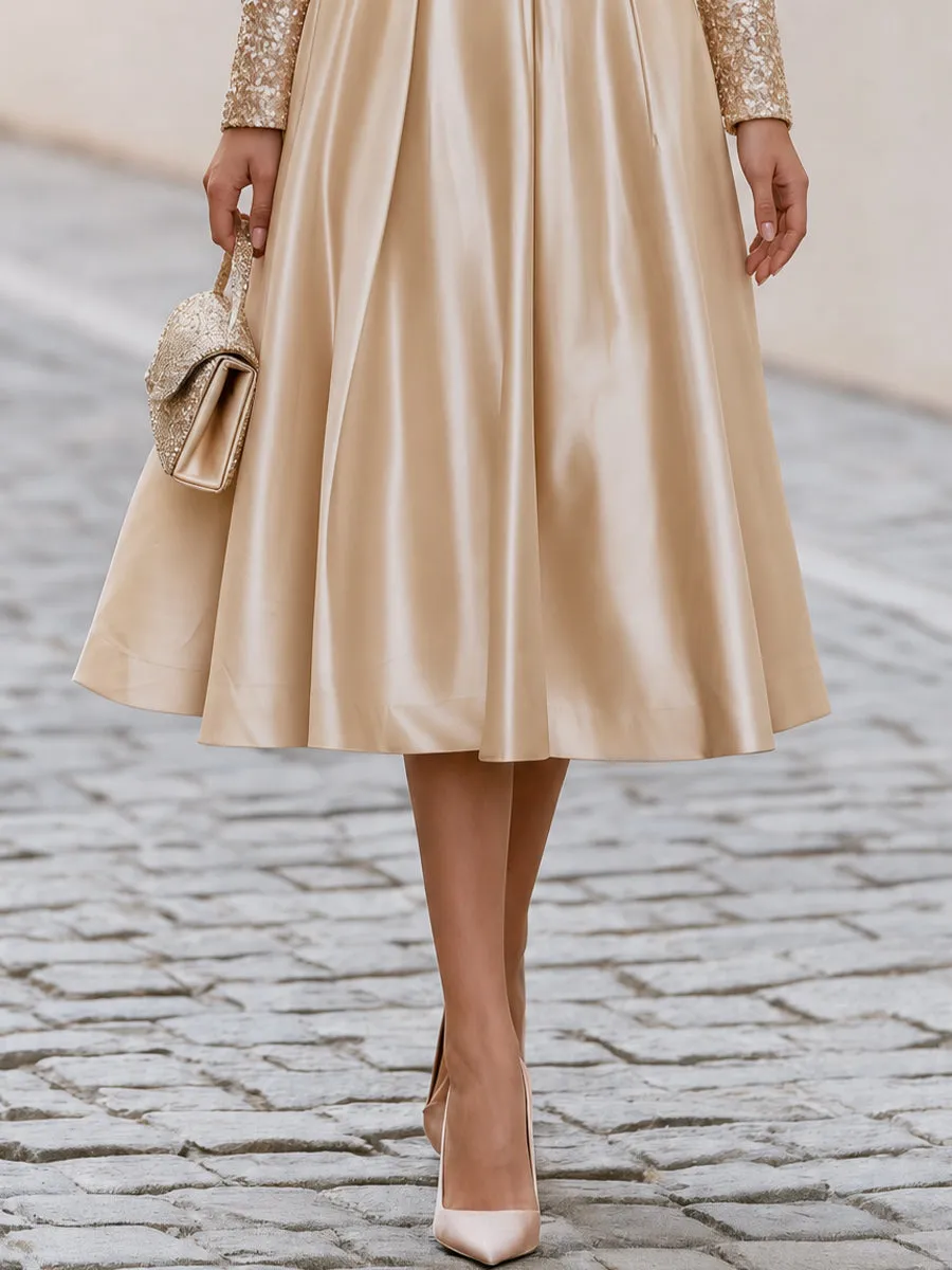 Off Shoulder Sequin Long Sleeve Satin Pleated Midi A-Line Cocktail Dress sold by Mooyius product image thumbnail 5