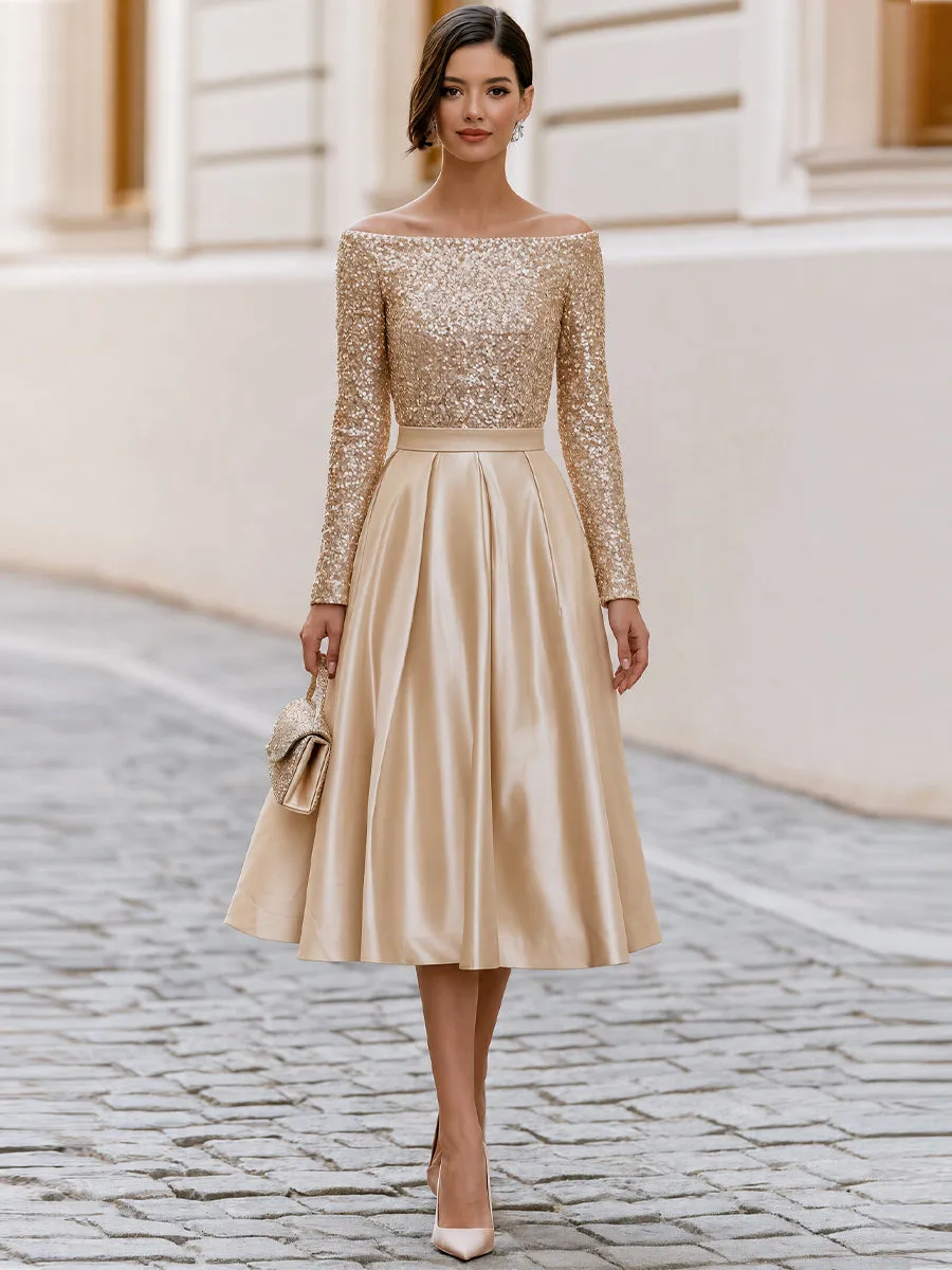Off Shoulder Sequin Long Sleeve Satin Pleated Midi A-Line Cocktail Dress sold by Mooyius product image thumbnail 2