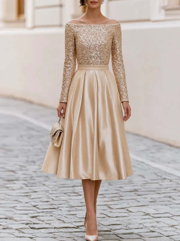 Off Shoulder Sequin Long Sleeve Satin Pleated Midi A-Line Cocktail Dress made by Something Navy