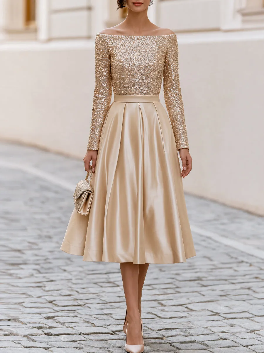 Off Shoulder Sequin Long Sleeve Satin Pleated Midi A-Line Cocktail Dress sold by Mooyius