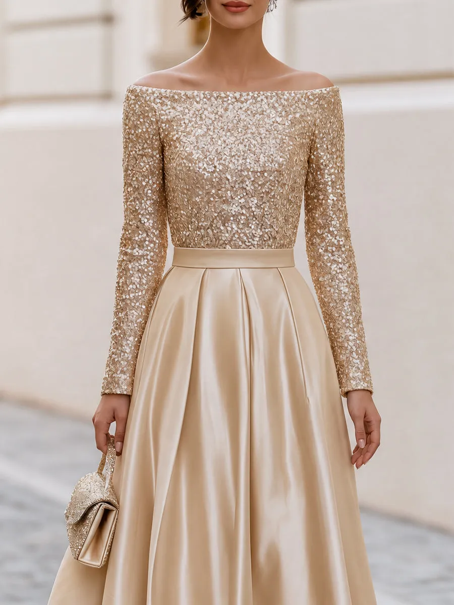 Off Shoulder Sequin Long Sleeve Satin Pleated Midi A-Line Cocktail Dress sold by Mooyius product image thumbnail 4