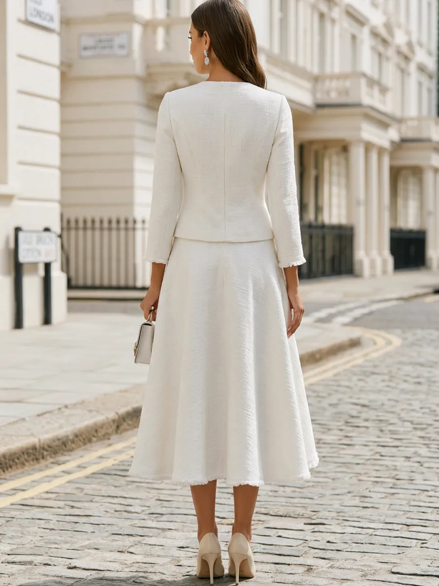 Round Neck Fringe Trim Tweed Jacket & Midi A-Line Skirt Two-Piece Suit sold by Mooyius product image thumbnail 2