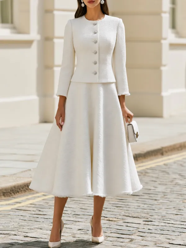 Round Neck Fringe Trim Tweed Jacket & Midi A-Line Skirt Two-Piece Suit made by Something Navy