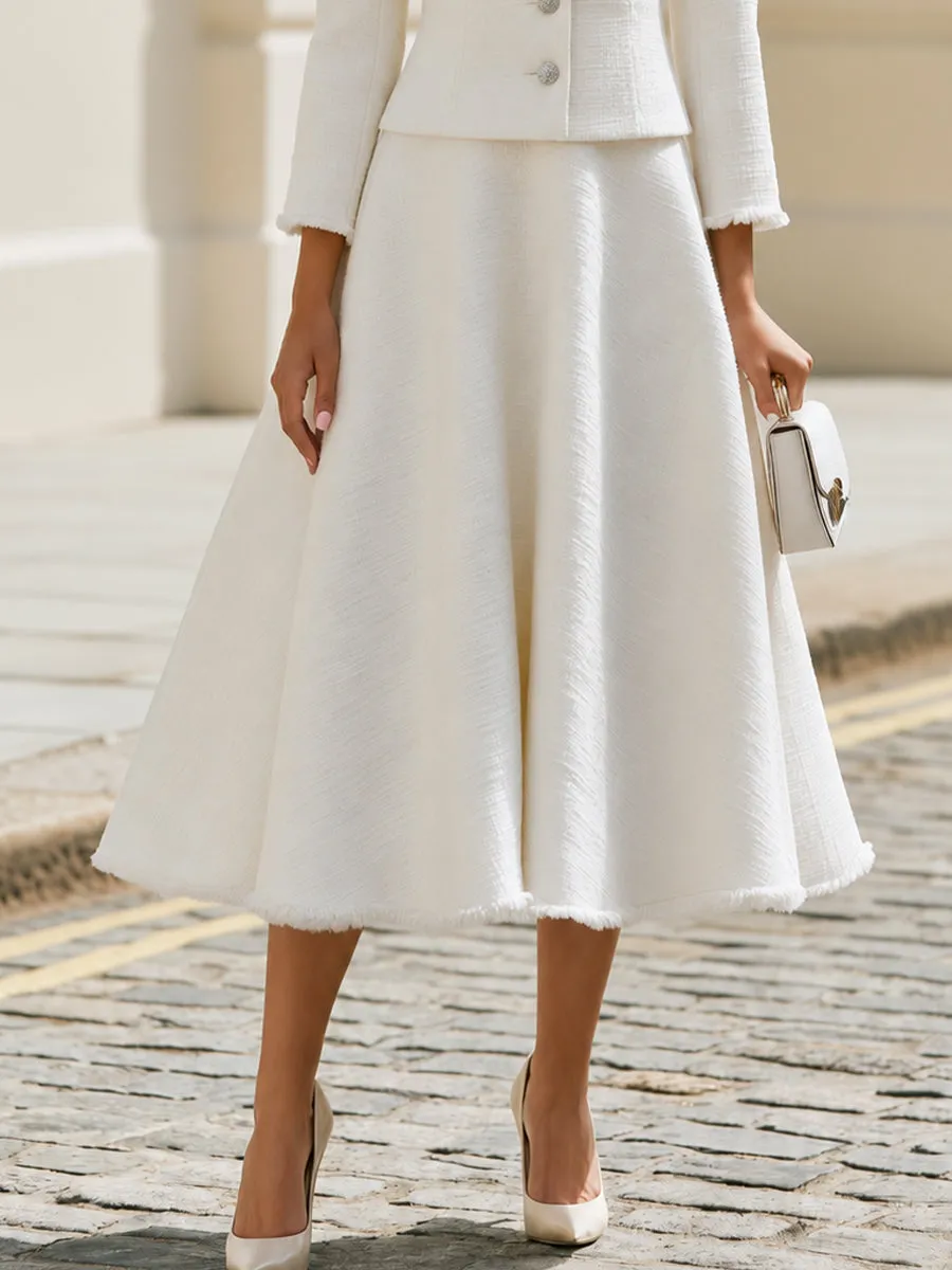 Round Neck Fringe Trim Tweed Jacket & Midi A-Line Skirt Two-Piece Suit sold by Mooyius product image thumbnail 4