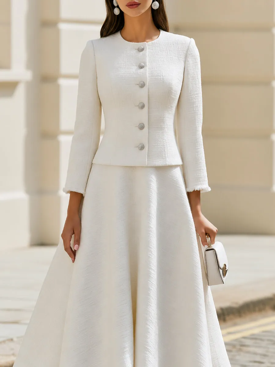 Round Neck Fringe Trim Tweed Jacket & Midi A-Line Skirt Two-Piece Suit sold by Mooyius product image thumbnail 3