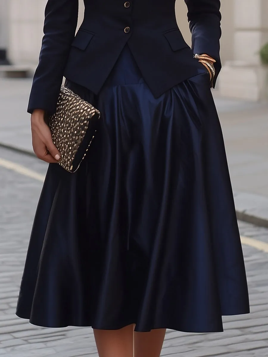 Navy Blazer & Satin Midi Skirt Two-Piece Set sold by Mooyius product image thumbnail 4