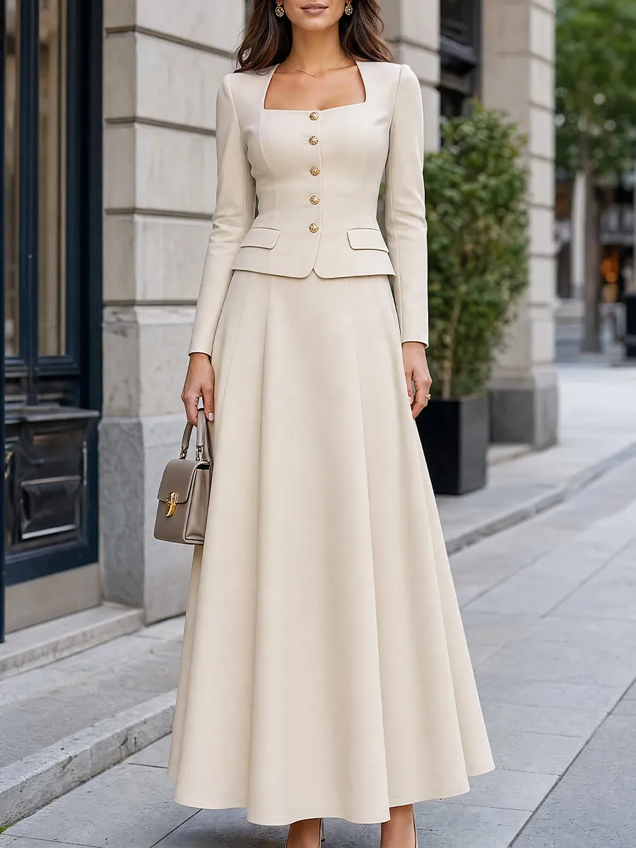 Square-Neck Tailored Jacket And A-Line Maxi Skirt Set sold by Mooyius