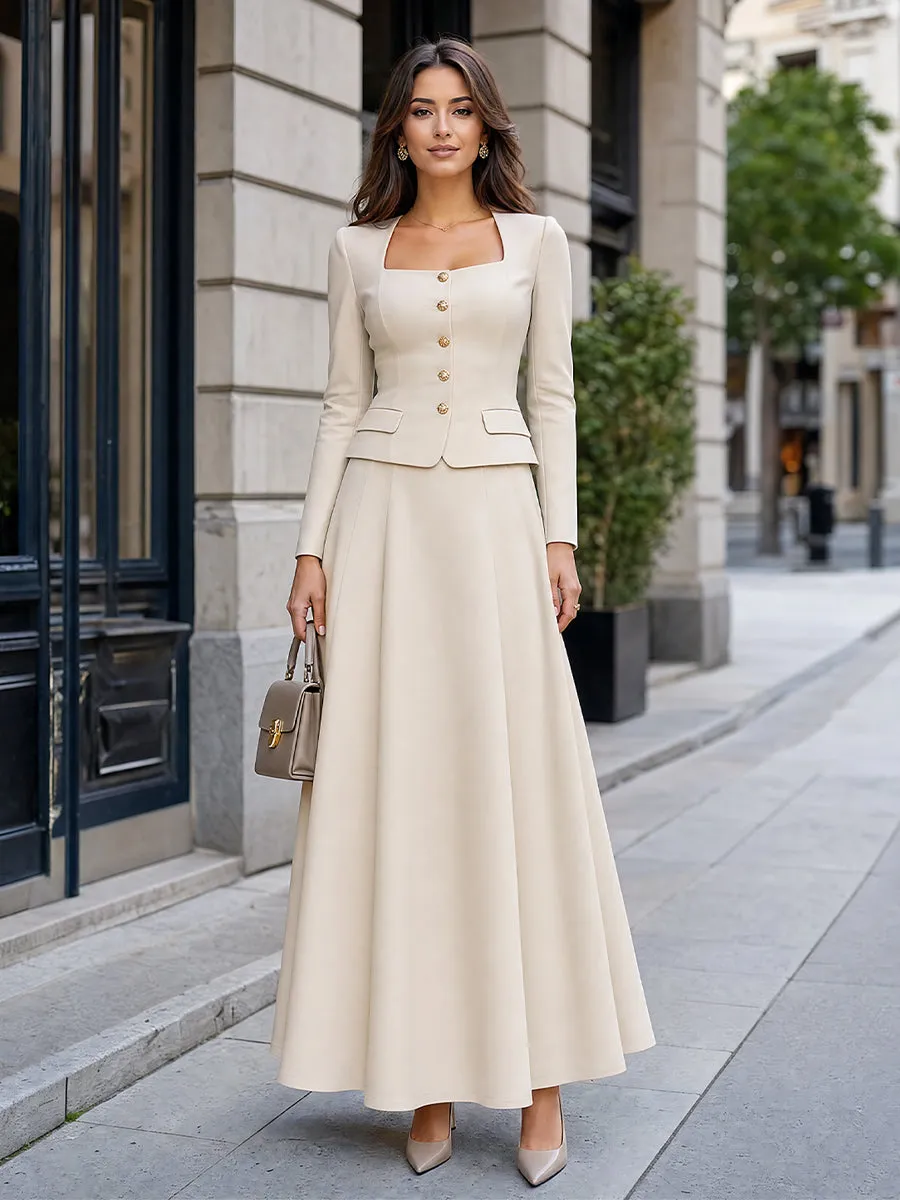 Square-Neck Tailored Jacket And A-Line Maxi Skirt Set sold by Mooyius product image thumbnail 2