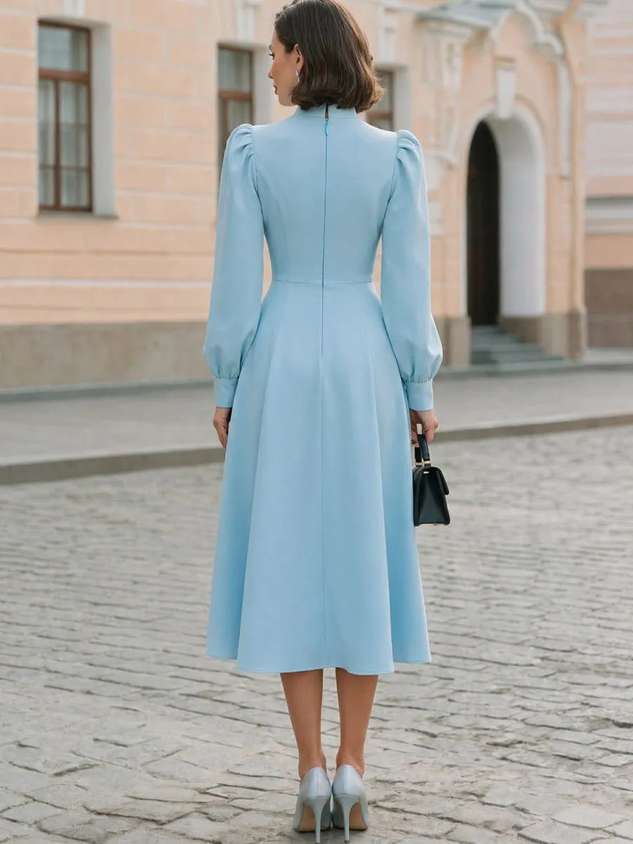 Wedding Guest Formal High Neck Puff Bishop Long Sleeve Midi Dress sold by Mooyius product image thumbnail 3