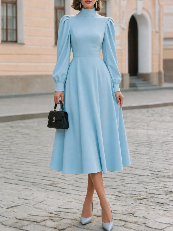Wedding Guest Formal High Neck Puff Bishop Long Sleeve  Midi Dress made by Something Navy