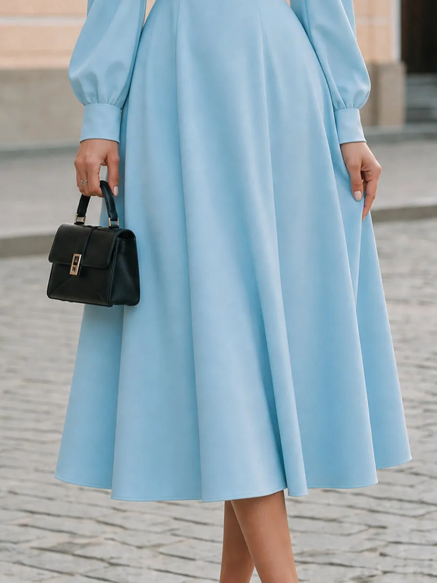 Wedding Guest Formal High Neck Puff Bishop Long Sleeve Midi Dress sold by Mooyius product image thumbnail 5