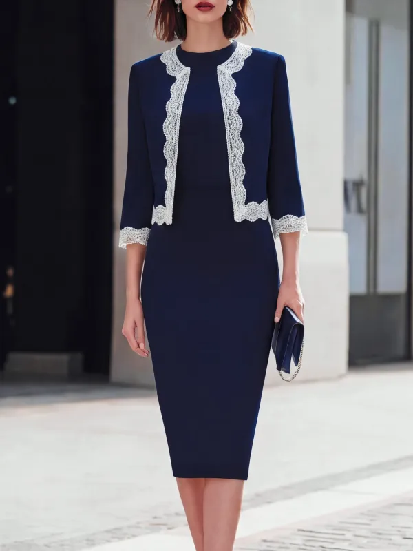 Lace-Trimmed Tailored Jacket And Sheath Dress Set made by Mooyius